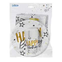 Sada na stôl Happy Birthday (6 tanierov, 6 šálok, 12 servítok)